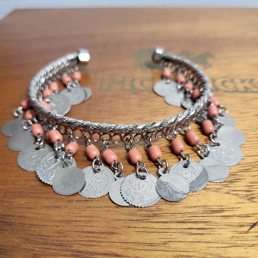 Vintage Silver Tone and Coral Colour Bead Bracelet Anklet Arm Band Belly Dancer